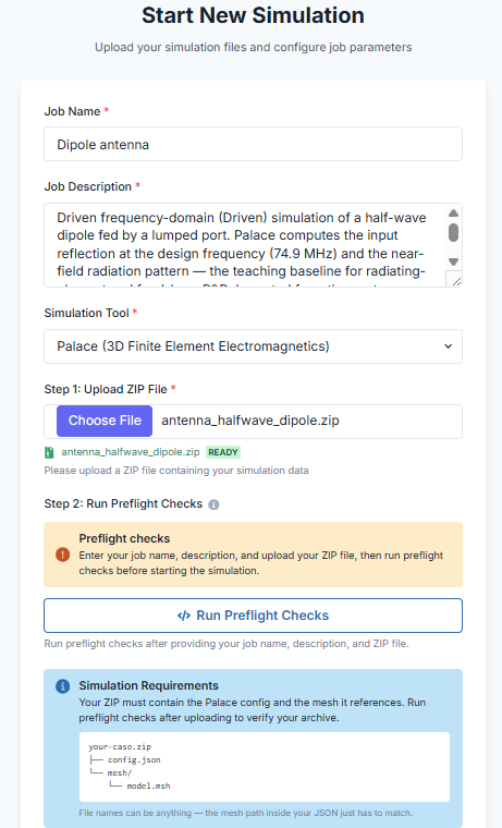 Start Simulation — job details and ZIP upload